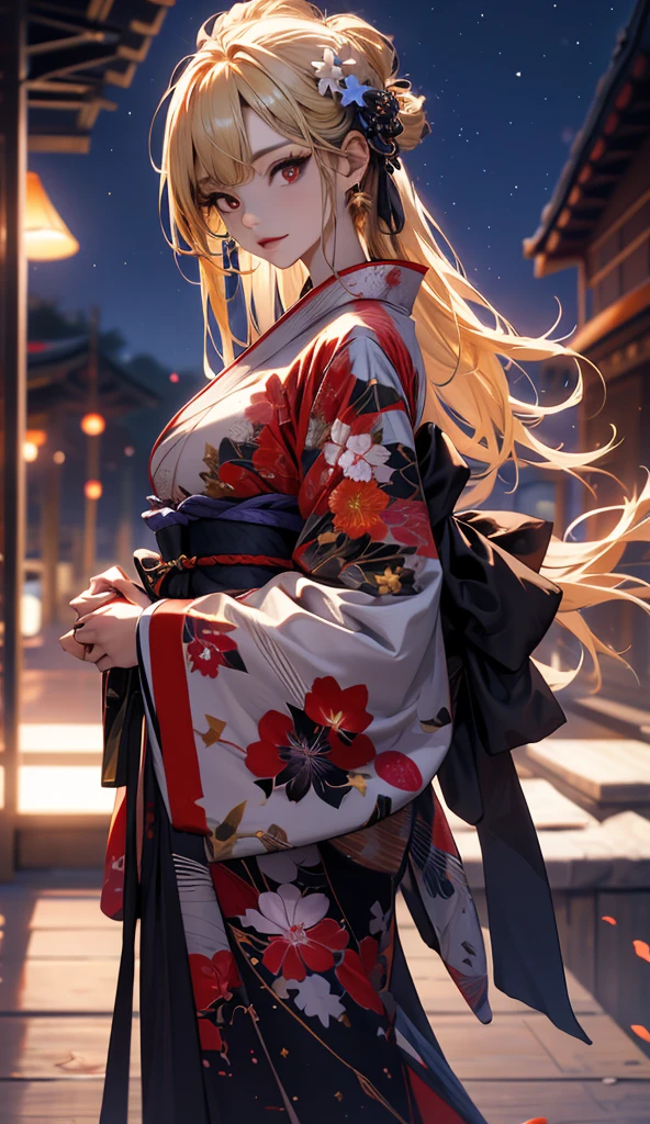masterpiece, high quality, 4K, Beautiful design, silhouette，blonde， 非常に詳細な夜のStarry Sky,Flower Field， wonderful, Finer details,  Very knowledgeable woman, Highly detailed solo, 1 female,Big Breasts，Red colored kimono，Night view，Starry Sky，full moon，