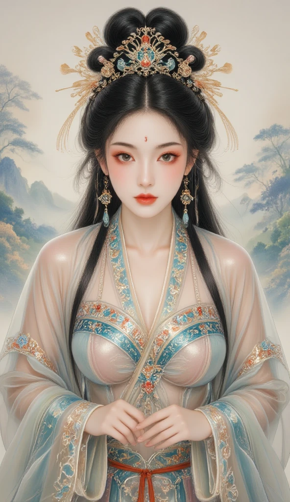 A woman seen from the front, bent over on the ground facing forward, legs spread apart, busty and naked, wearing a crown and showing her thighs and feet from below, in the Chinese imperial court of the Qing dynasty.。She is completely naked, showing off her gorgeous large flowers and hairpins, her hair tied up and pulled up, and the background is the stone paving of the Chinese palace of the Qing Dynasty.