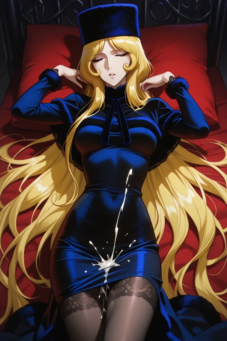 gran calidad ++ Extremely detailed high resolution, very aesthetic, ojos expresivos, (((Cara perfecta))), (((face symmetrical))), ((good anatomy)), (((manos perfectas))), (((8k))), UHD, Fondo de pantalla HD, (((alta calidra detallada, (((1girl))), rias gremory, ((((golden hair)))), long hair, reaches down to thighs with a single hair strand sticking out from the top hair also has loose bangs covering forehead and side bangs framing face, voluptuous body, large breast,mature woman, blonde hair, beehive hairstyle, blue eyes, blue dress in 50s style, blue heels, sitting in chair, in hair salon, with a dumbfounded face, stepford make-up, looking at viewers, lay on bed, perfect finger shape, the number of fingers not excessive,