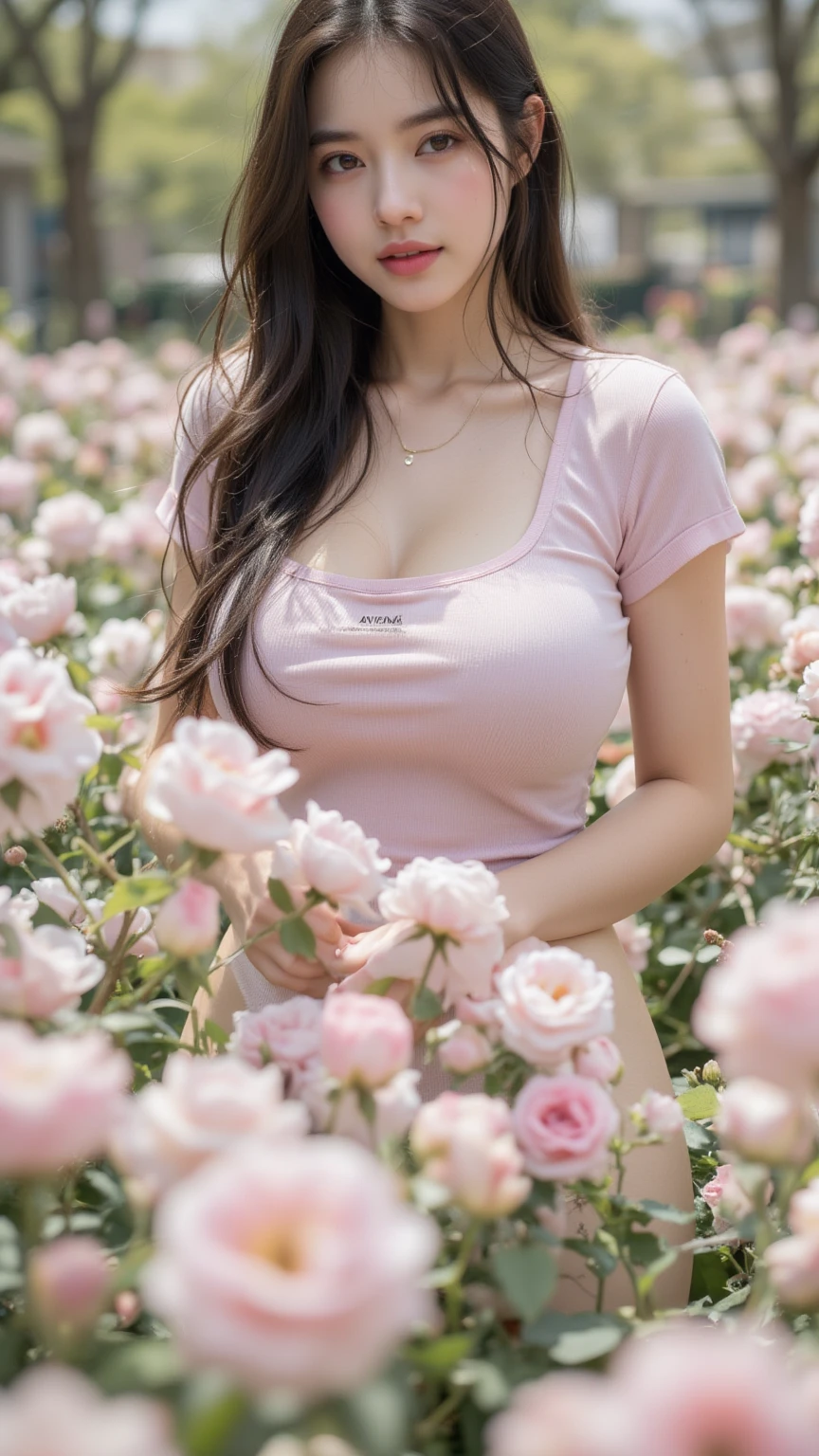 a woman with short black hair, Caucasian skin, It&#39;s a very pretty face, she is wearing a t-shirt with a huge neckline, she has big breasts and ass, she is standing, mostrando o decote, and her nipple is marked on her clothes and in the background there are several pink flowers