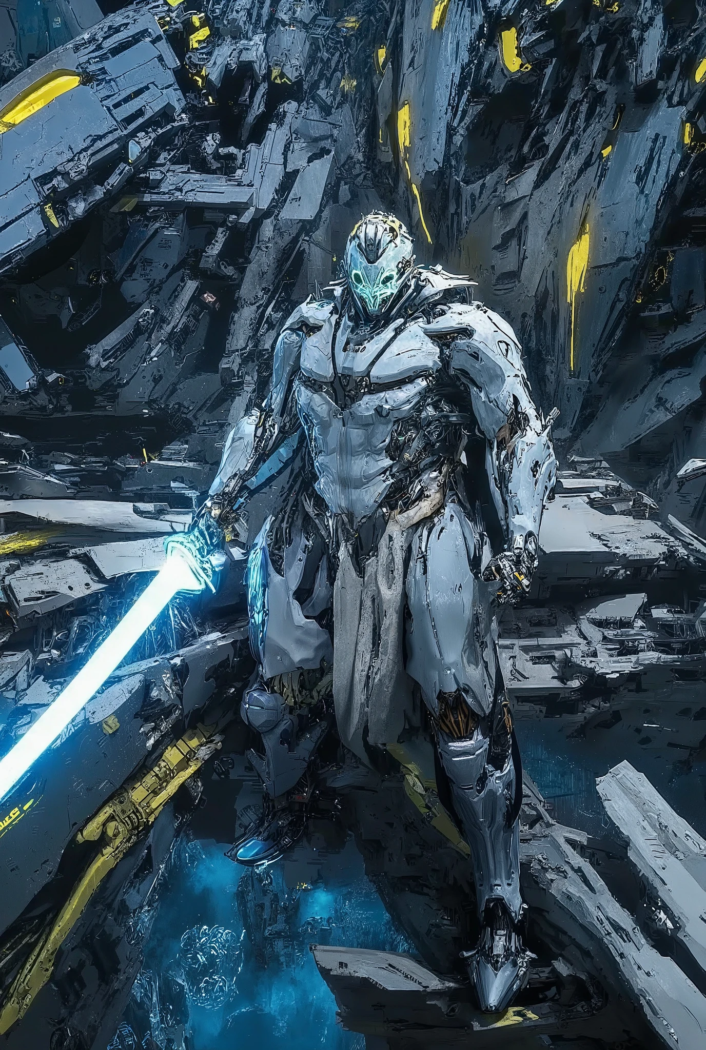 Futuristic urban landscape in the style of works by Vadim Kashin. The stylized fantasy landscape is a collection of complex multi-scale architectural structures demonstrating a combination of angular and smooth lines combined with spectacular dramatic lighting. In blue-blue, gray, black-gray tones in contrast with cold yellow, orange-red shades. Waterfalls illuminated by neon light are tumbling down from the cliffs in the background. Soft accent light penetrates the gaps between the buildings. The general lighting creates the impression of a foggy twilight illuminated by artificial light. The area looks quite gloomy, with muted neutral colors and a large number of elements of cyber-urban infrastructure. A burly middle-aged man dressed in ornate, stylized, light blue and ice blue armor. The armor is decorated with intricate details that create a fantastic aesthetic. He is armed with a long, glowing energy sword with a bright blue glow. The figure's expression is serious and focused. The spectacular lighting highlights the armor and sword with a cool blue hue. He stands in a dramatic pose in the middle of a hazy cyber-futuristic landscape. The angle is slightly lower than the character's figure, the sword and armor are in sharp focus, which creates a sense of scale and importance. The details are very detailed, which highlights the unique texture of the armor and the glow effect of the sword. The overall mood is one of epic adventure, mystery, and power. The atmosphere is both serious and technologically advanced. It is dominated by a sci-fi, cyber-futuristic architectural style.At the same time, the influence of ethnic motifs and fantasy is clearly felt. The image style is realistic, detailed and emphasizes the high-tech aesthetics of the environment.Stylized digital art in the style of works by Vadim Kashin. Digital painting, with an emphasis on atmosphere and spectacular lighting.