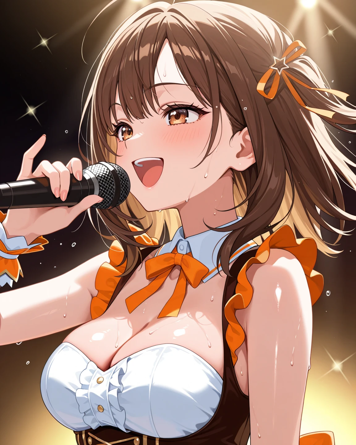 ((masterpiece、Highest quality、Official Art、Unity 8kwallpaper))、snap shot、Idol Concert、Concert Stage、(3 to 5 cute naked girls、12 years old、smile、Sing with a microphone、dance、Ribbon headband、Ultra mini skirt:1.2、Idol Costumes:1.2 )、Exposing the breasts、Hair of different colorr.々Hair style、(((Full nudity、Pussy、cute)))、(Sweat a lot、Glowing Skin)、Anime key visual, ((The characters are unique))