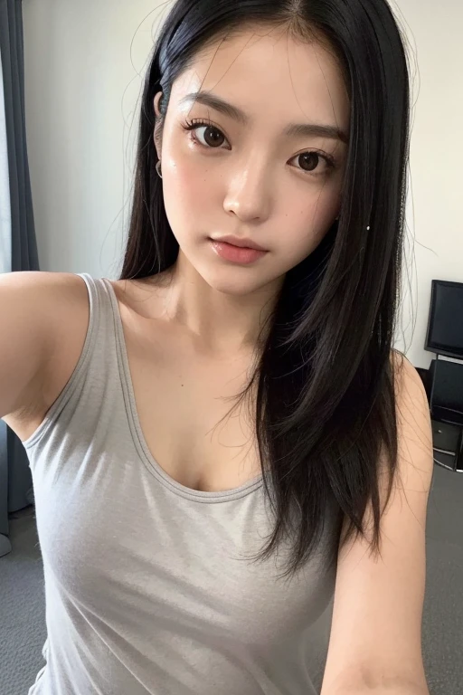 Melhor qualidade, , black hair, long hair, baby face, pequena, linda, sorrindo, em casa, acordando, corpo todo, nova, peito pequeno, mostrando o peito, Messy hair, selfie, mostrando o corpo, em casa, luz real, realista, bem detalhado, good lighting environment, abajour, asian, vestido decotado
