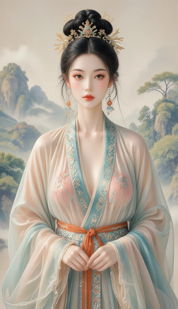 The Empress is standing naked, without underwear, showing her large breasts, hairy lower abdomen, and pubic hair.、
Her hair is tied up and pulled up with a gorgeous flower ornament on both sides.、The background of the crowning of the Qing Dynasty empress is the stone paving outside the palace of the Qing Dynasty China.