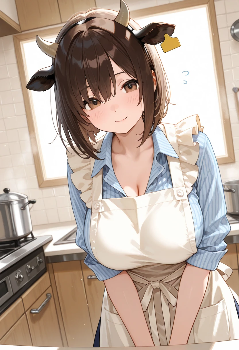 ((Highest quality))、((masterpiece))、(detailed)、((Anatomically correct))、One Woman、aldult、(look at me)、cowboy shot、(Ultra-glossy skin with attention to detail:1.1)、Glowing Skin、bangs、Half-up hairstyle、Shiny brown hair、(Beautiful Eyes:1.3)、Slim figure、(Naked Apron)、titedium breasts、erectile nipples、Nipples are visible、kitchen