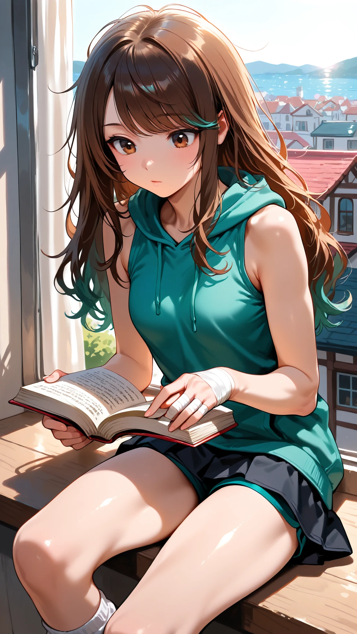 (Masterpiece, best quality), intricate details, JK,, close up, open book, reading book, looking at book, brown eyes, messy hair, very long brown hair with teal highlights, sleeveless hoodie, teal hoodie, bare arms, black pleaded skirt , short shorts under skirt, bandaged hands, loose teal socks, long swept bangs, small breasts, toned arms, thin thighs, thin legs, window, curtains, sitting on windowsill, coastal town outside window, sun rays,