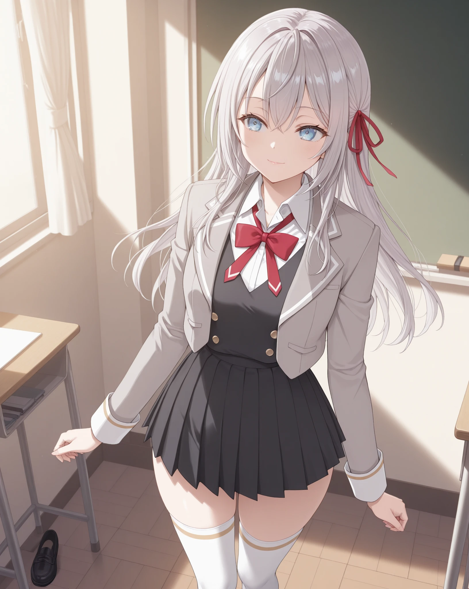 ((tmasterpiece), top-quality, Kizi, (High School Uniforms), , Silver shorthair, eBlue eyes, (white panties),Lift the skirt,Seductive action