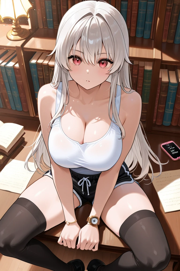 (masterpiece), best quality, perfect face, silver hair, long hair, short leather shorts, sweat, sitting at desk, dirty bikini, boobs, buttom, front view, thick legs, fitness,