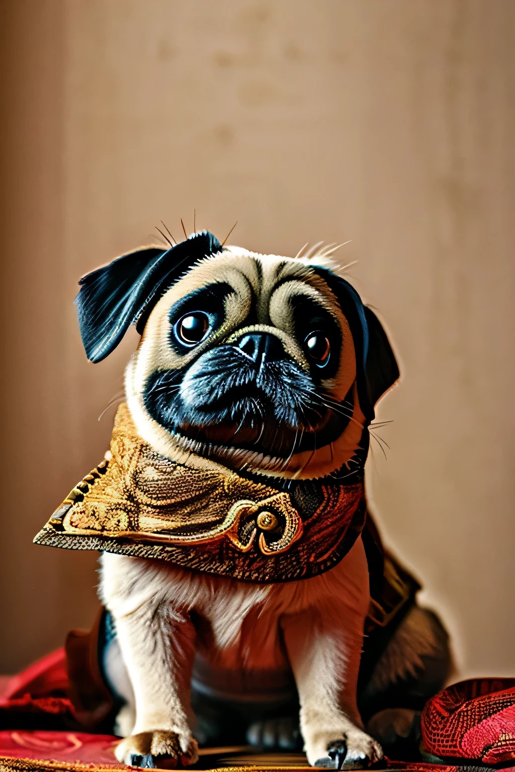 A pug, with its characteristic wrinkled face and expressive eyes, is portrayed in regal armor, blending historical grandeur with whimsical charm. The dog's coat is a soft beige, contrasting with the polished metal of the armor that gleams with intricate engravings and elegant detailing. The armor is adorned with gold accents and motifs, suggesting nobility and valor. Draped across its shoulder is a vibrant red fabric, adding a dramatic flair and suggesting the pug's status as a courageous knight. The background features abstract brushstrokes in muted tones of brown and ochre, adding depth to the composition while keeping attention on the central subject. The image is elegantly framed, set against a simple wall with a leafy plant in the corner, which adds a touch of natural green to the scene. The juxtaposition of the dignified armor and the cute pug creates a charmingly surreal and artistic narrative.
