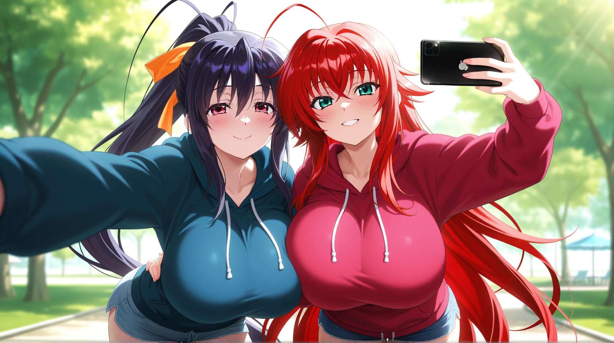Red-haired twintails（bangs）、Wearing sunglasses on your head、big breasts、muscular body、Sleeveless and belly button showing the chest（Tank top）、jeans、gladiator sandals、tall stature、30 years old、sweaty、、、garden