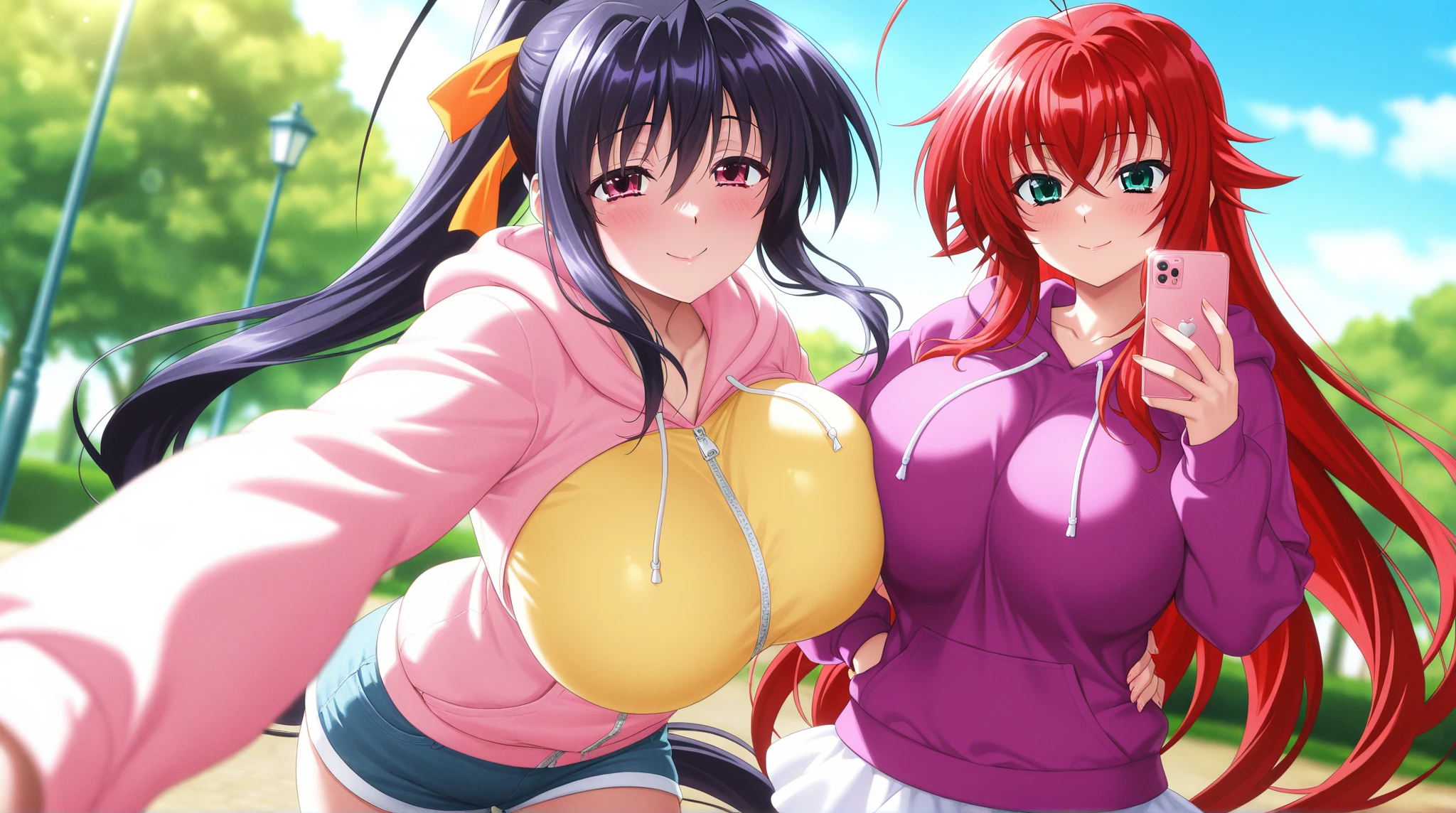 {Best Quality}, {very aesthetic}, {Ultra-detailed}, {Best Illustration}, nsfw, 2 girls in, The bikini, tits out, {nude}, The first one has pink hair, The second person has orange hair.,crotch grab, Sexual intercourse