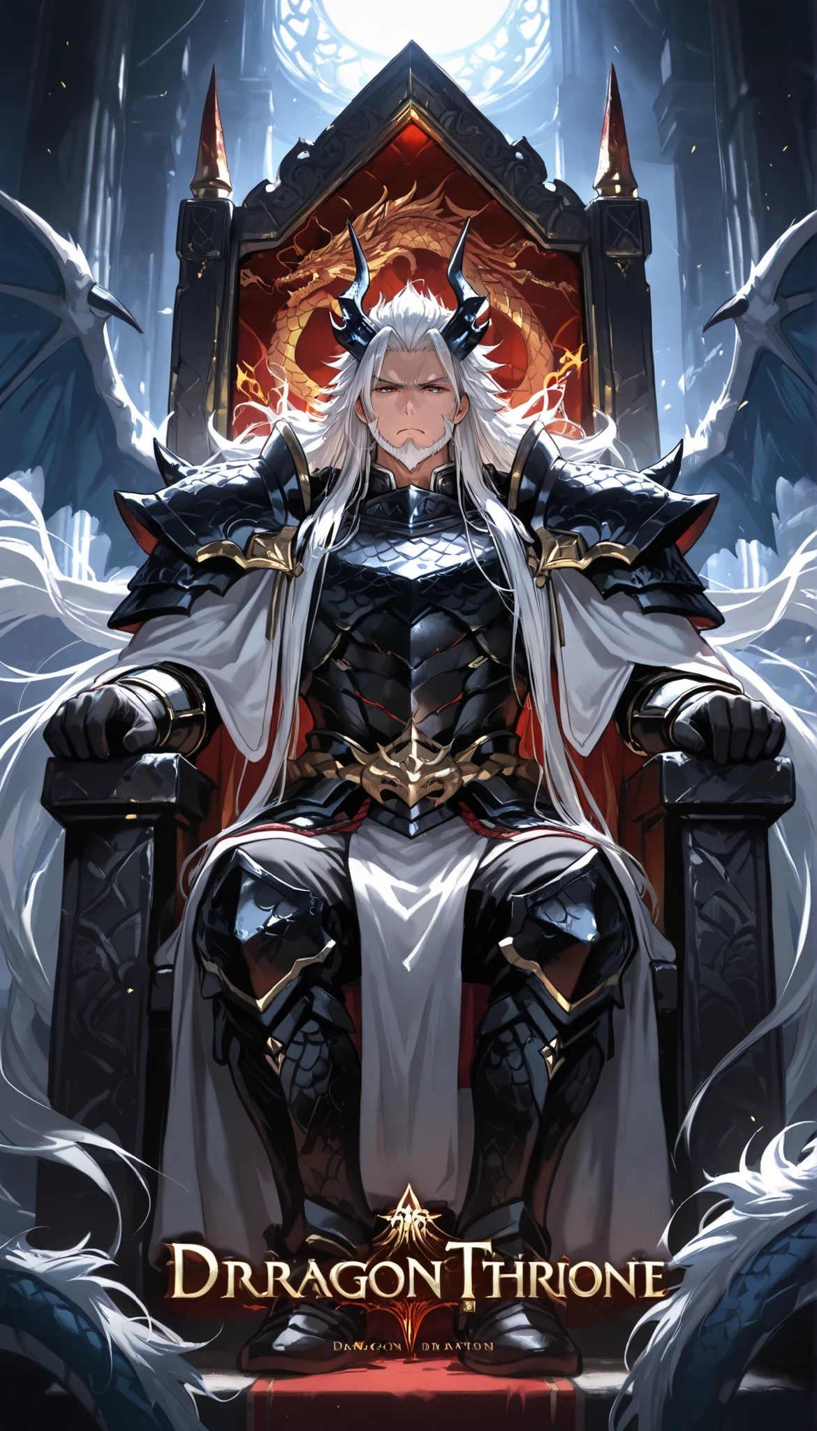 dragon throne, dragon pattern, old male dragon, white hair, very long hair, white beard, black armor, serious face, dragon horn

