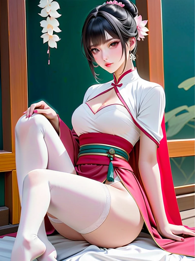 Masterpiece、need、1 woman、เสื้อผ้าpink、ชุดไทยโบราณเกาะอกpink、full body photo、ancient thai style、 White cloth buns, steamed buns、black hair、Leaky shoulder、The chest is large.、Long, slender legs、smile、black stockings、ริมฝีปากpinkอ่อน、Embroidered clothing、high-heels,(),sexy, sltly seductive expression, big breastsbreasts,The cracks are...,((big tits)),(pubic bone), rifte chest,seductive pose,I see bulging nipples.,(((large areolae:1.4,pink,Thes are clearly vis.....))),((((pussy,bale genitals))))