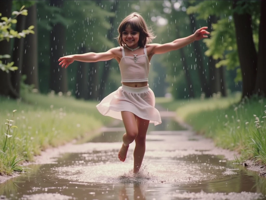 

create a fractal masterpiece of a digital art creation of a cute laughing  with messy hair, wearing a red and purple layered dress, jumping in a muddy puddle, with rain effects and an umbrella