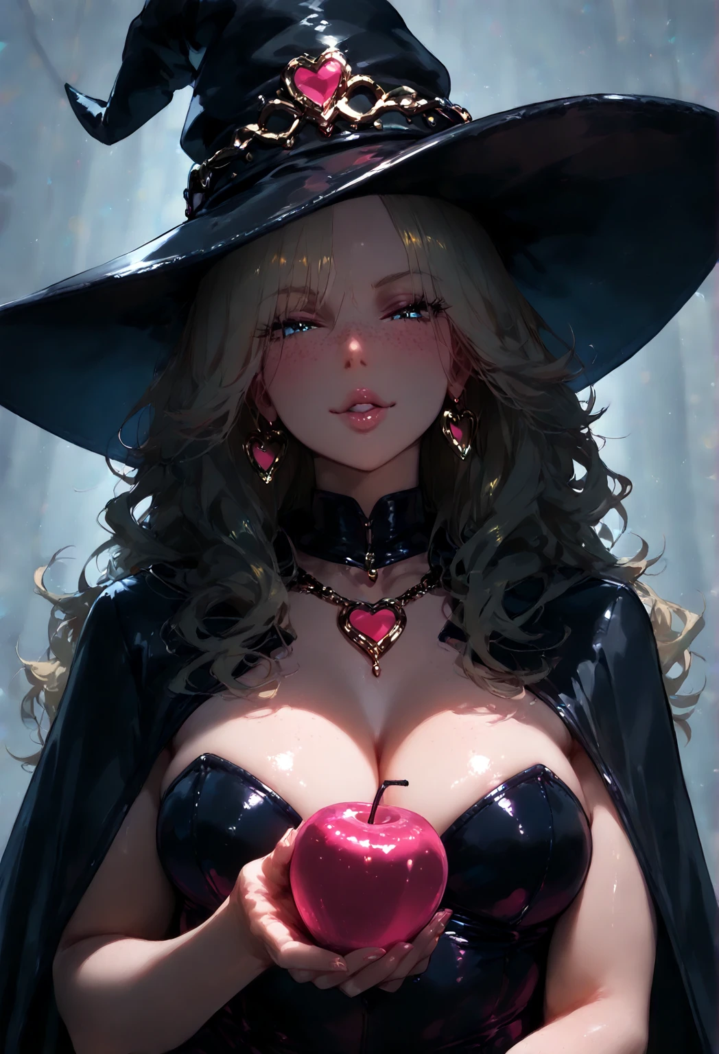 1girls bangs bare shoulders blonde hair blue eyes blush choker neckline sleeves separate sleeves earrings female flowers fur ornament gloves hat huge breasts jewelry long hair looking at viewer pendant smile solo upper body witch hat