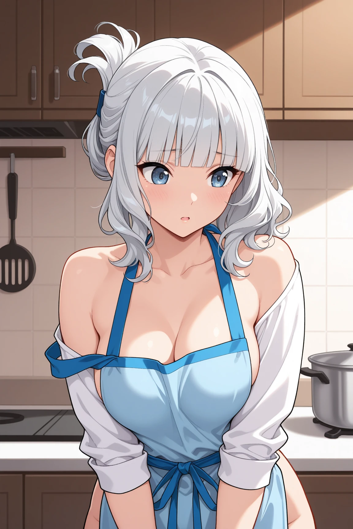 UHD, ccurate, masterpiece, anatomically correct, textured skin, super detail, best quality, 16k, 1080P,SOLO,(1 Female,perfect body,big oppai, white short hair),(blue eyes with red x-shaped pupils:1.9),(wearing A nude apron:1.7)(See-through),(sweating skin:1.7),(Wearing white Silk Stockings:1.7),(Open pose:1.7),(Full blush:1.7),(In kitchen),(Genshin Impact/Arlecchino),[detail face]
