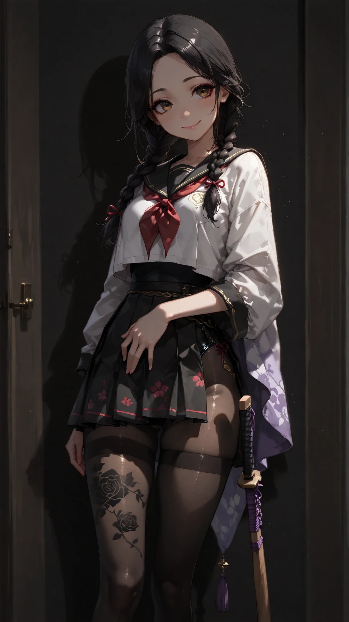 camellia, flower, red_flower, red_rose, rose, katana, 1girl, pink_rose, pink_flower, spider_lily, shoes, long_hair, school_uniform, serafuku, sheath, skirt, solo,  sheathed, vase, looking_at_viewer, sitting, orange_flower, pleated_skirt, rose_petals, black_shirt, black_legwear, black_skirt, hibiscus, very_long_hair, parted_lips, loafers, sailor_collar, black_hair, neckerchief