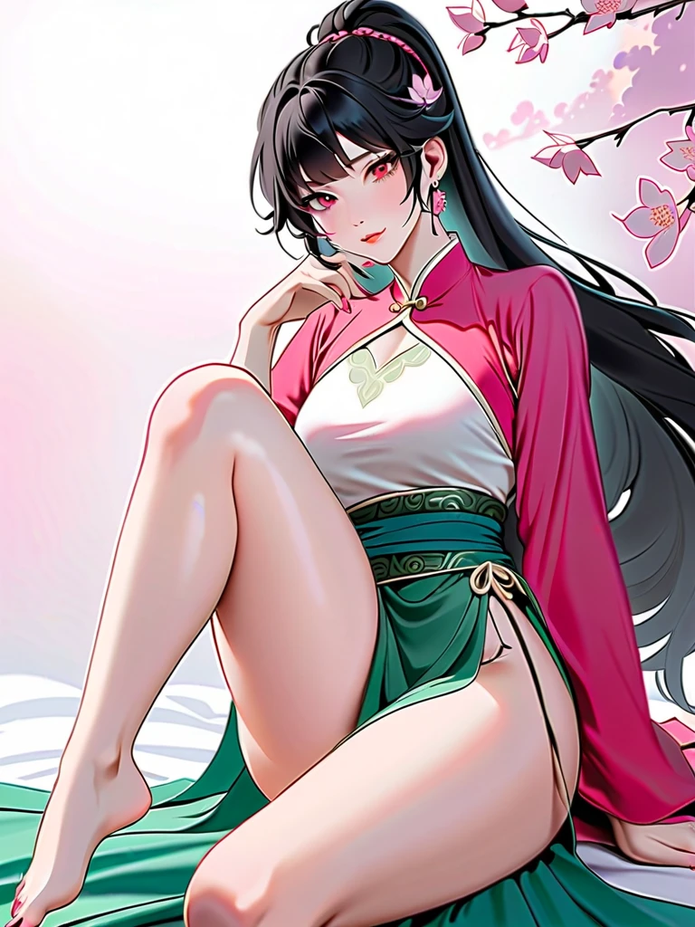(High resolution), (32K), (very very highly detailed), (Best illustration), (beautiful and delicate eyes), (best quality), (super detailed), (master piece), (Detailed and delicate face), solo,Highly detailed face and skin texture,fine eyes,double eyelid,Spread your legs and use props、very shy、blush、spread legs,high details,Wear pin heels,(dynamic pose),1 female, black long hair , Pitch black eyes, long legs, (camel toe),(((big breasts)))、Exposing genitals without wearing pants,camel's toe,The protruding PUssy ,cocked ass,I grew up sexy、(((Luxurious floral pink cheongsam)))、Forehead、best style、nipple