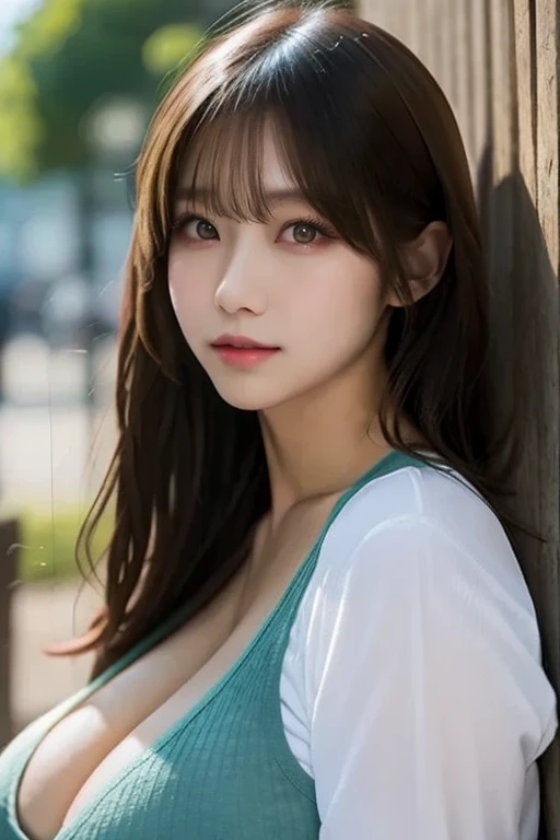 masutepiece, Best Quality, Illustration, Ultra-detailed, finely detail, hight resolution, 8K Wallpaper, Perfect dynamic composition, Beautiful detailed eyes, Natural Lip, T-Shirts , Big breasts, cleavage,Sad face、Red hair、Wavy Hair