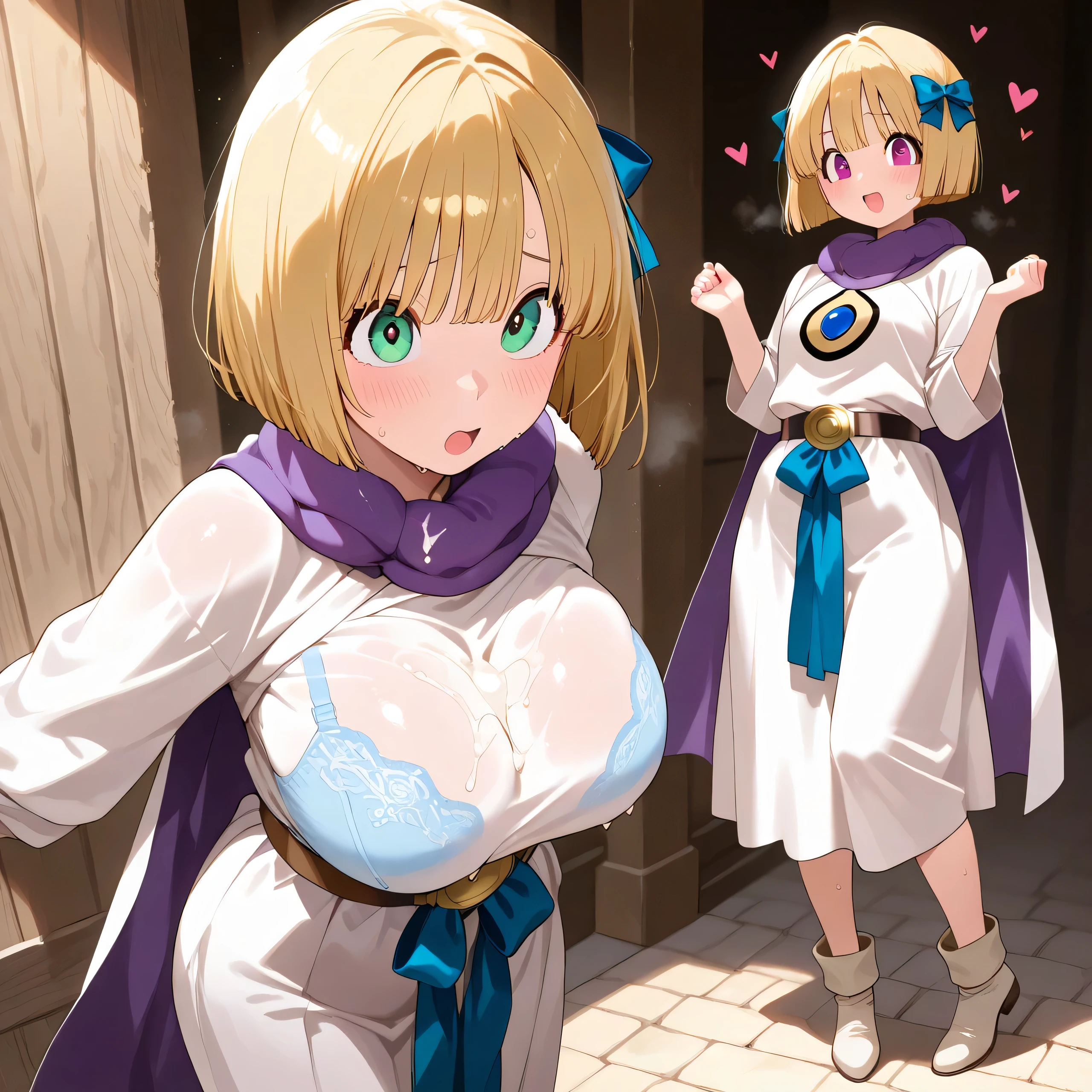 big-breasted 、Young girl、 shape、short、Small、Slender legs、Short legs、one girl with arms、(masterpiece, Highest Quality)、Dragon Quest、,high definition,4K、sweat、heart、blush、、outdoor, fluffy bob cut, Gold, ribbon hair ornament, emerald eyes, (big eyes), white robe, Purple shell, Purple Cape,long skirt、outdoor、Voice comes out、It makes a sound、panting、Pleasure、pleasant expression、heart、blush、PIZURI、着衣PIZURI、huge dick、 swollen、Pinch your cock with your 、Beautiful mature woman pinching her cock by her breasts、cock between your chest、Dick between breasts、Cum between the breasts、lots of white sticky liquid in her clothes、Cock between the breasts、sweat、from below、Dick between breastsを入れる、 ejaculates in clothes 、Cock between the breastsを挿入、Dick between breastsを挿入、clothes are see-through and bras are visible、lace bra under the blouse、Semen stains clothes、 cute shoes