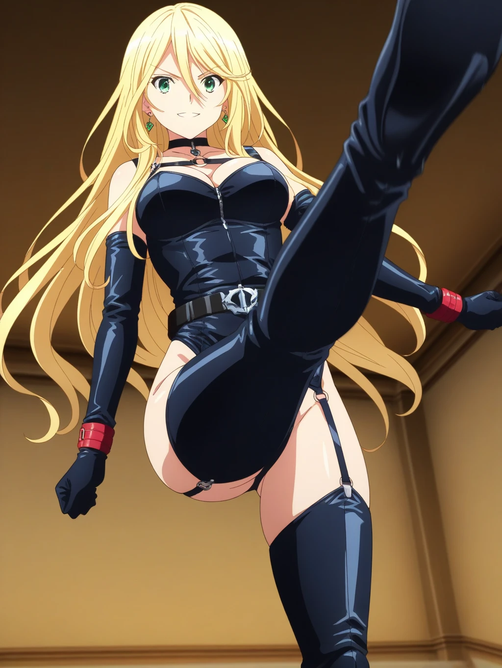 Female Combatant、Blonde Japan girl、Close-up of a girl in a black leotard、Black glossy leotard、Black boots、White gloves、Saiyan Girl, wonderful, Nano Girl, Female body type, Inspired by Hiromu Arakawa, Anime Manga Robot!! Anime Girls, Fubuki, Full Body Suit, by Hiromu Arakawa、wonderful, silk, Beautiful and attractive anime , Anime Girls of the future, tears,Drooling,Pee,Sweat,Tongue out,incontinence,Peeing、Estrus、Eyes wide open,Estrus,Blushing,Nipples are erect,Face is hot、Lust、
