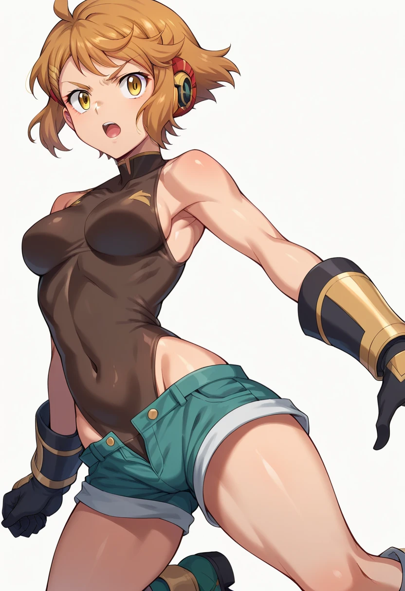 best quality, masterpiece, 1 mechanic girl, smiling, (wearing bikini-top, khaki cargo pants:1.4), gloves, (light brown ponytail hair with bangs:1.3), (sweating a lot:1.4), (contrapposto:1.3), factory, (medium breast, cleavage, underboob:1.2)