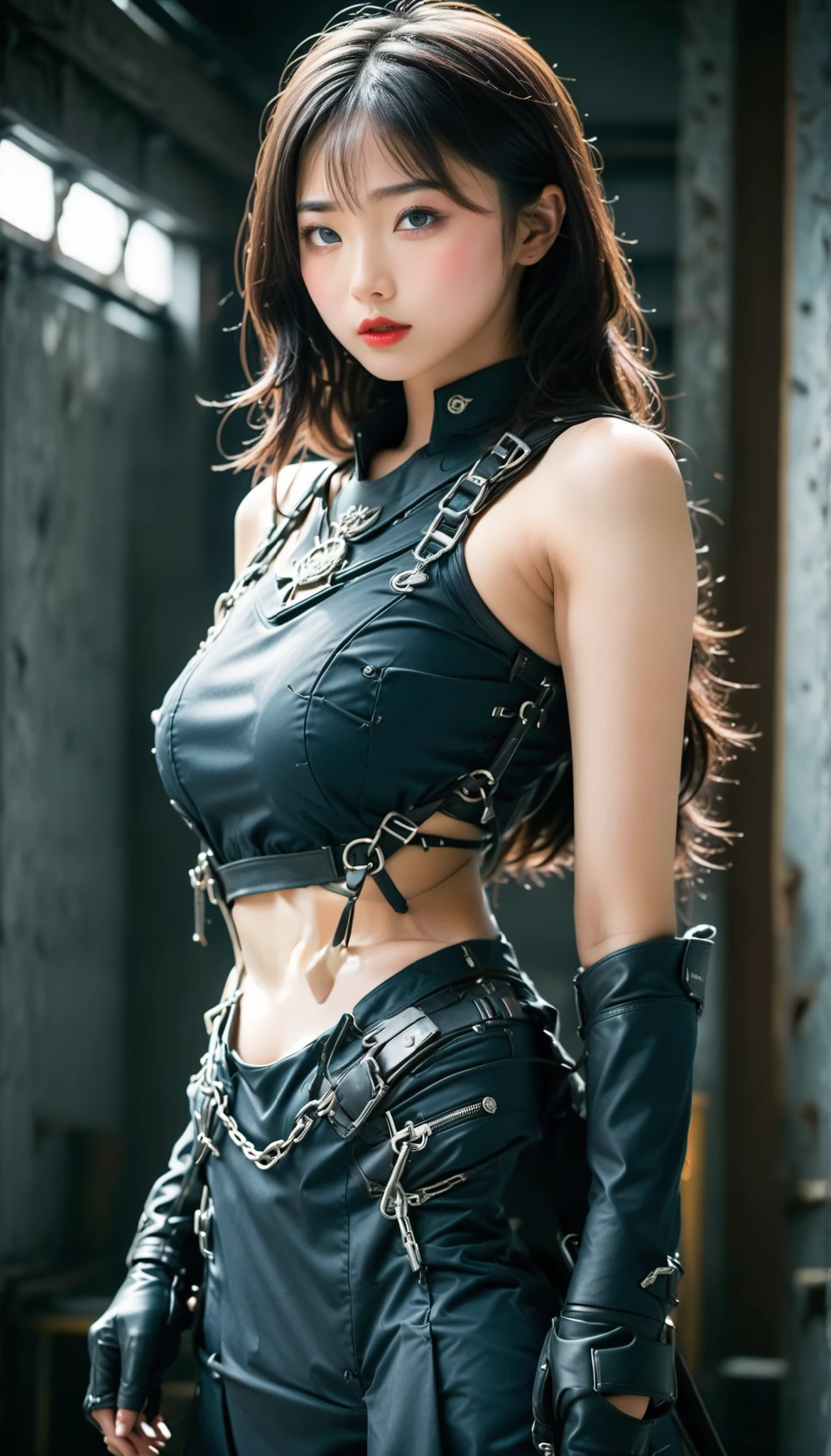 8k, Ultra High Definition, Highest Quality, masterpiece, 三分割法によるpictures,surreal, pictures, 1 , (:1.3), cute, cute顔, 細部までbeautiful eyes on my stomach, 細かくdetailsに,masterpiece,one girl with arms:1.2,Japanese woman,nurse,upper body,Glaring,black hair, long layer,ID photo, Brutal Cyberpunk Woman ,In a dilapidated building,(Combined Bondage Fashion and Combat Uniforms:1.3),lace blouse, standing, (Post-apocalyptic scenario:1.2),expression of despair, dark and atmospheric lighting,微妙なdetails, detailsな顔,anger,charming eyes,(ポートレートpictures:1.4),(photorealistic images:1.4),fantasy art,(beautiful face:1.4),美しくcharming eyes、beautiful eyes on my stomach,silver residue,(thin waist:1.4)、(Unvolume a photo with a perfect physique and beautiful :1.4), red lips,Profile,(((ideal figure))),A cup small breasts :2,、 portraits:2、Perfect Anatomy、鮮明なdetails、details,fashion magazine cover,thin lips,完璧でbeautiful face ,完璧でcute顔, skin with careful attention to detail, perfect limb that wraps around the body、 Slim waist,surreal,light and shadow,Spotlight