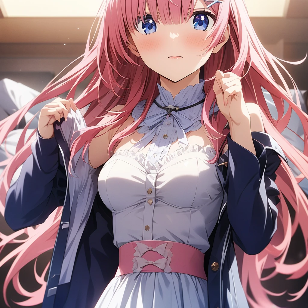  3 girls,  triplets. Are stand, medium Hair, long hair, ponytail, pink hair, cute white underwear, cute white dress, smile, 恥ずかしい, angry, (cowboy shot), ((showing underwear)), ((skirt lift by myself)), ((32K)), ((best quality)), ((ultra high res)), ((HDR)), ((uhd)), ((extremely detailed CG)), ((unity 32K wallpaper)), ((perfect anatomy)), nsfw, 