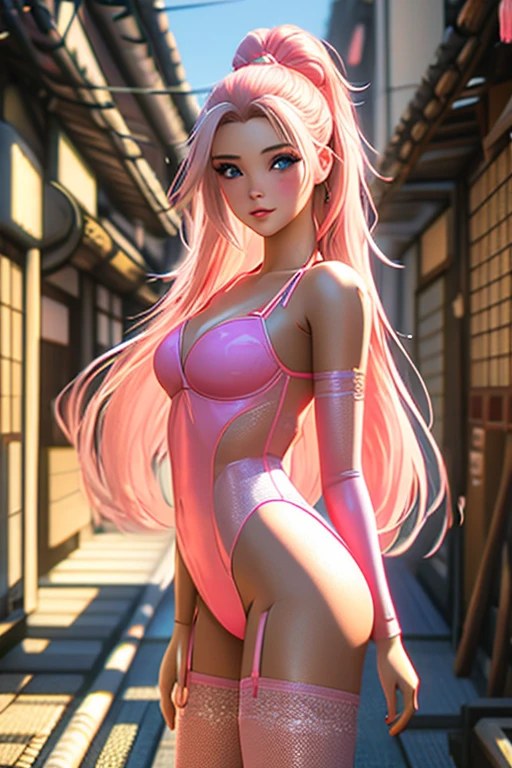 Best graphics, real photo stick, amazing perfect beauty, body art, body tattoo with novel design of pink lines, smile, bright sunlight, city, detailed skin, photo-like graphics, beautiful girl, no clothes, only line tattoo, stunning skin body, petite figure, wonderful beautiful skin.