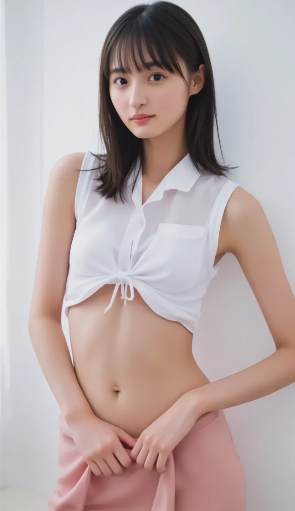top-quality, masterpiece, Sitting girl, beautiful countenance, (photographrealistic:1.3), Rim lighting, (High Detail Skins:1.2), 8K UHD, Digital SLR, poneyTail、bangss、 hightquality, hight resolution, 4K, 8K, bokeh dof, absurderes, best ratio four finger and one thumb, (realisitic:1.3), pretty 1girl, Oversized white T-shirt, middlebreasts, Short tight skirt with camouflage pattern,,Black boots、Panchira、white panties、Taken from the front、food、White mask