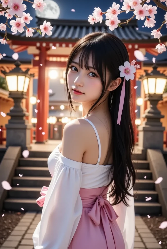 Amazing beauty, ((masterpiece: 1.4, best quality: 1.2)), sexy, super realistic, blue eyes, very long hair, bare front of yukata, 5 fingers, summer festival night, come for a kiss