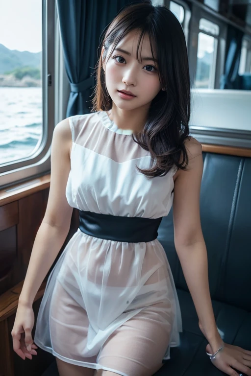(8k, top quality, masterpiece: 1.2), (realistic, photorealistic: 1.37), super detailed, girl single, cute, solo, midnight, beautiful detailed sky, detailed café, sitting, date, (blush), (smile: 1.15), small breasts (mouth closed), beautiful fine eyes, floating hair NovaFrogStyle, back open dress