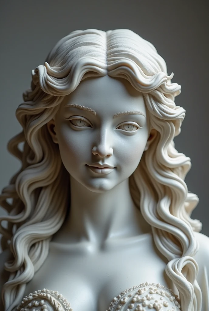 A gracefully aging sculptor meticulously carves a stunning statue of a captivating young woman. The sculpture, crafted in marble, captures the woman's ethereal beauty with delicate features and flowing hair cascading down her back. The artist's skill is evident in the lifelike expression on the woman's face, her eyes seemingly gazing into the distance with a hint of melancholy. The exquisite craftsmanship and attention to detail make this sculpture a masterpiece of timeless elegance.