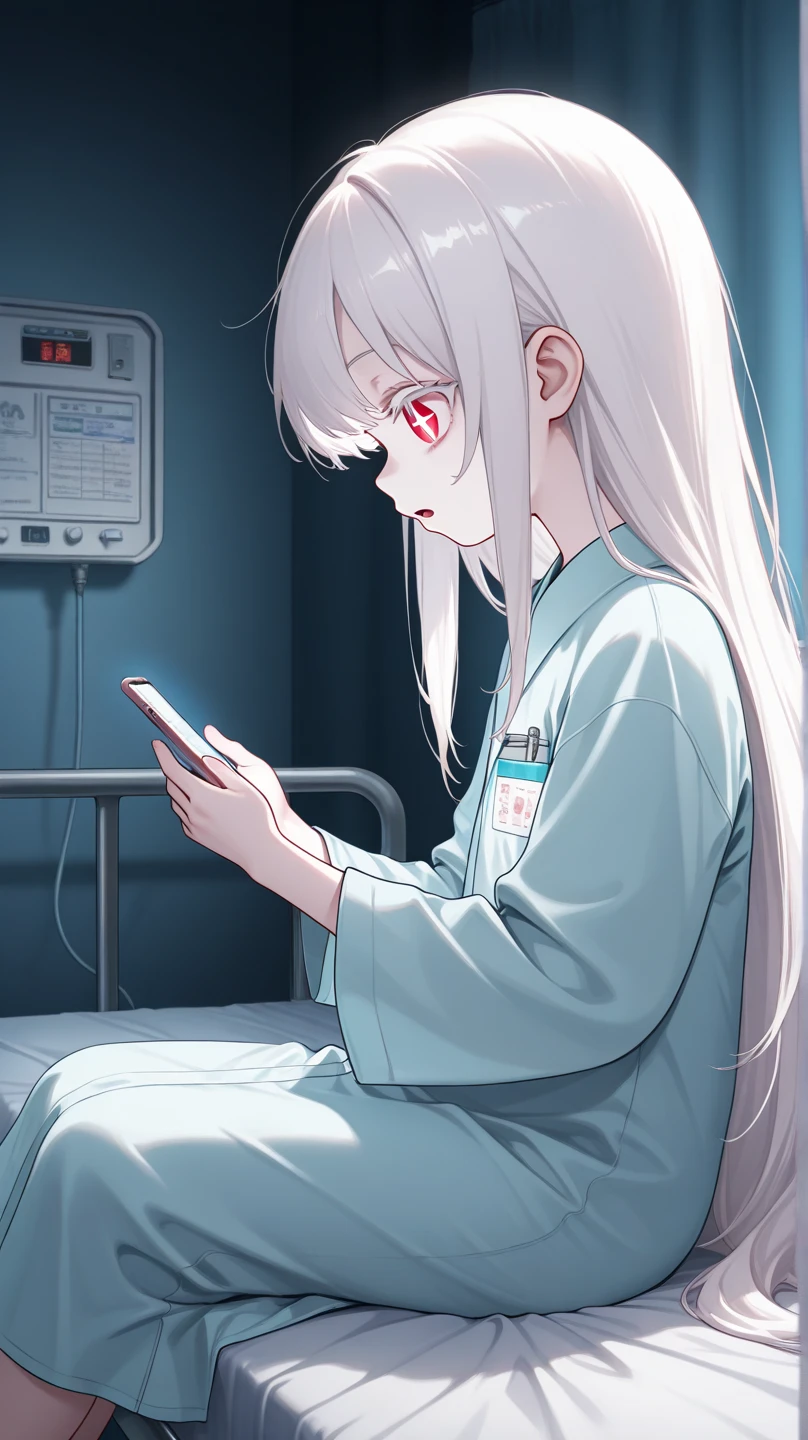 schoolgirls,sickroom,whaite hair,Patient gown,hospital bed,Lie down,Long gray hair,Hang water,Sick,Black eyes,Delicate lashes,high-definition picture quality,Bangs are pulled,face drawn and pale