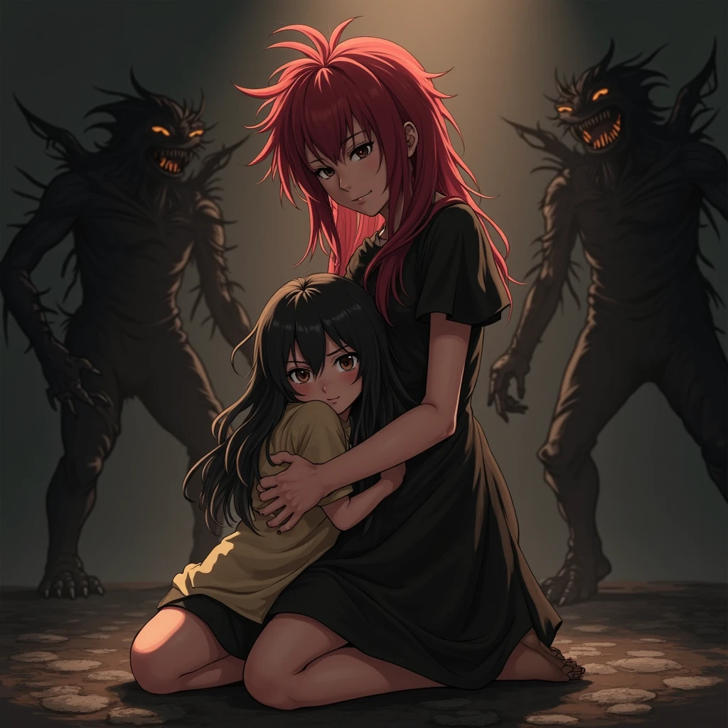 Group of angry girls in dark long skirts and cat-like features crouching down looking at a dead boy on the floor in anime