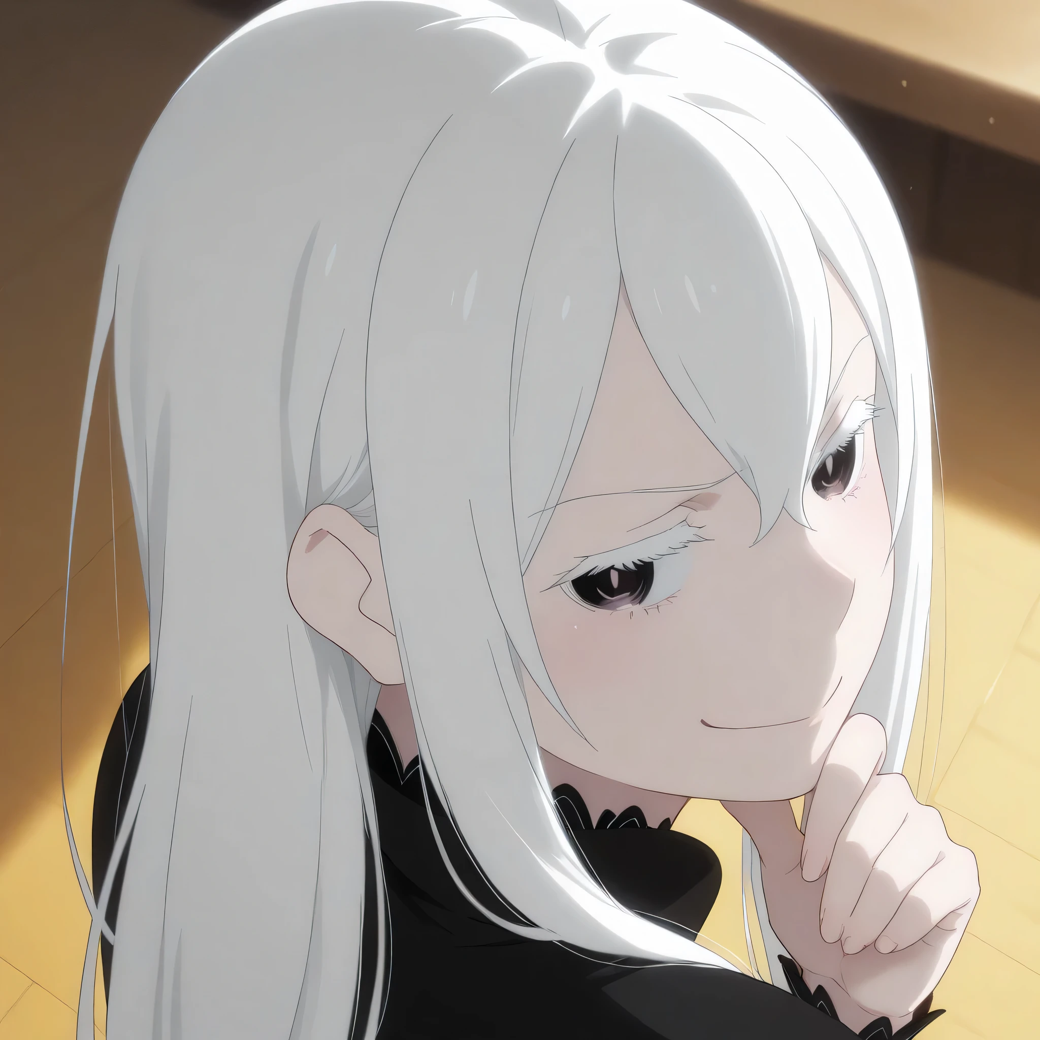 echidna rezero, looking confident, head tilt, smug face, hand on chin, 1 girl, view from above, looking at back, dynamic angle