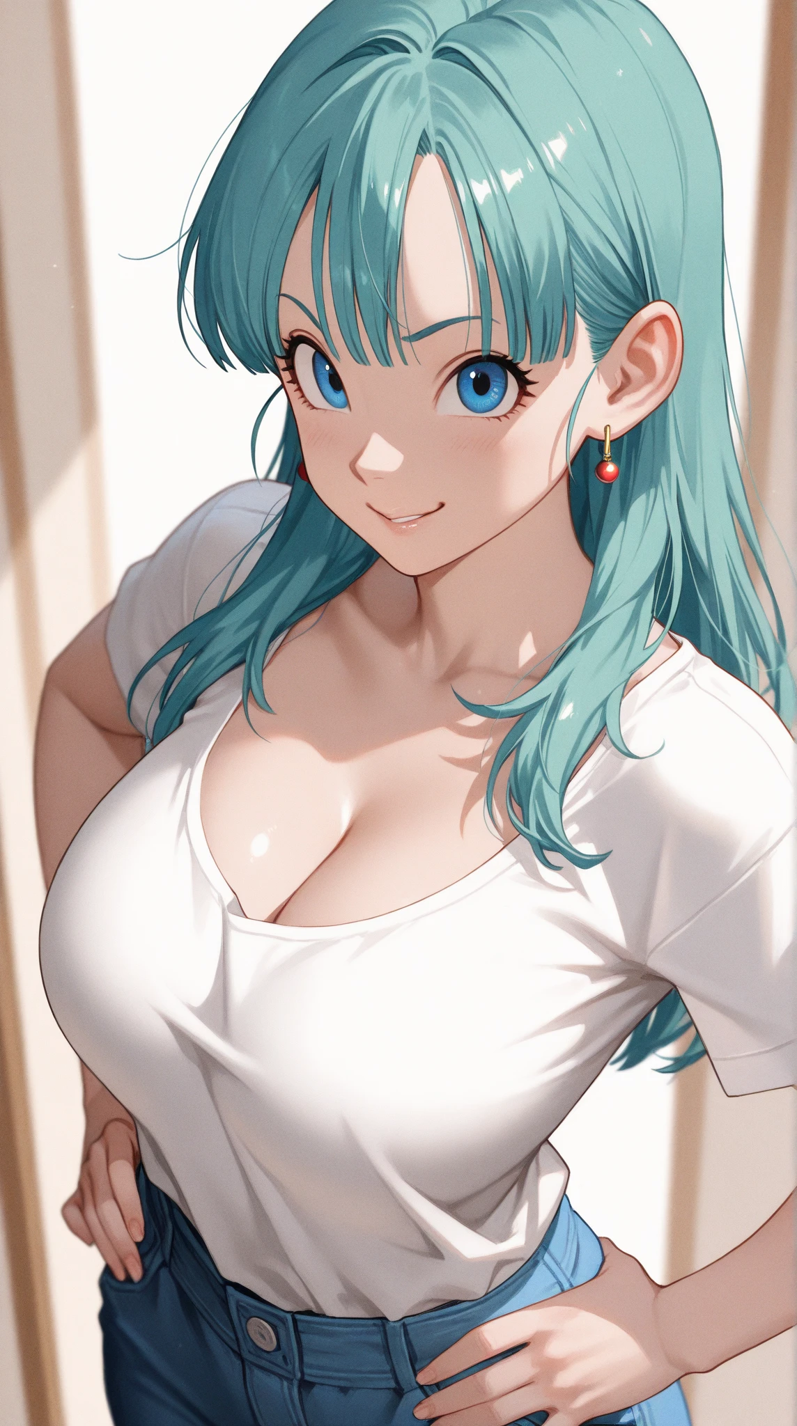 My name is Yukiko.I am a white test woman with long light blue hair,red eye color.I am 1.62 cm tall . My breasts measure 200 cm, my waist 40 cm and my hips 200 cm. Dressed in a yellow top along low-cut with green pants and hair with a low ponytail over my shoulder . With huge breasts 200 cm