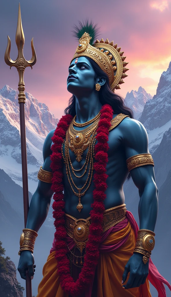 Create the image of the magician Shantih by invoking a Pashupatastra with the following instructions:
#Appearance The wizard Shantih wears ordinary white clothing and a necklace with large beads. (japamala), closely resembling a Buddhist preacher. Furthermore, presents a third eye (bindi) and a great muscular build, which makes others mistake him for a martial artist. He's bald and doesn't have a beard.
Pashupatastra is an astra , a heavenly missile, affiliated with the Hindu deity Shiva , bem como Kali e Adi Parashakti , that can be triggered by the mind, through the eyes, by words or by a bow. Should never be used against lesser enemies or by lesser warriors. (humans), Pashupatastra is capable of destroying creation and defeating all beings. It is one of the six Mantramukta weapons that cannot be resisted..
It is the most powerful astra of Shiva, and the embodiment of his energy and power. When fired, a manifestation of Shiva appears in the sky with a thousand heads., thousand eyes, a thousand stomachs and a thousand feet. Possesses the absolute power capable of annihilating anything, including divine entities and universal creation itself. This weapon had to be obtained directly from Shiva.
attention : Shantih is holding the golden bow Gandiva and aiming at the Pashupatastra like an arrow. The manifestation of the thousand heads of Shiva is right behind the character. Place multiple Shiva faces in the image. It needs to be quite extravagant as described and unrealistic. Both Shantih and Shiva face the viewer. They are an anime drawing. Follow it to the letter.