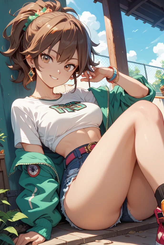 NSFW,Hololive,natsuiro matsuri,One Side Ponytail,cropped,Off the shoulder,Sexy Hot Pants,High Leg Hot Pants,Fishnet tights,Leg spread,garden,wood,bench,(Perfect hands),(Perfect Anatomy),(masterpiece),(highest quality)