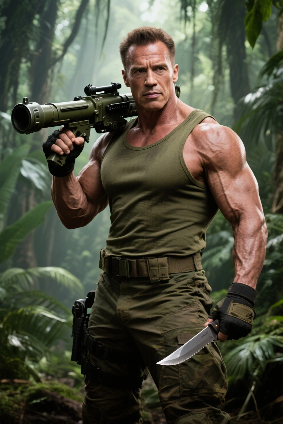 (masterpiece, best quality, 4K,8K,ultra detailed,detailed background,
beautiful,best quality,detailed,exquisite,extremely detailed,finely detailed,high quality,insanely detailed,
masterpiece,ultra detailed,ultra highres,ultra quality:1,4),リアリスティックな絵柄,写真,アーノルド・シュワルツェネッガー,30代後半の顔つき,30代後半の体つき,右手でライフルを構えている,ライフルの銃口を視聴者に向ける,黒い革のジャケット,黒いシャツ,茶色い革のズボン,サングラス,横にバイクのハーレー・ダビットソン,背景はアメリカ郊外,映画のポスター風の構図,