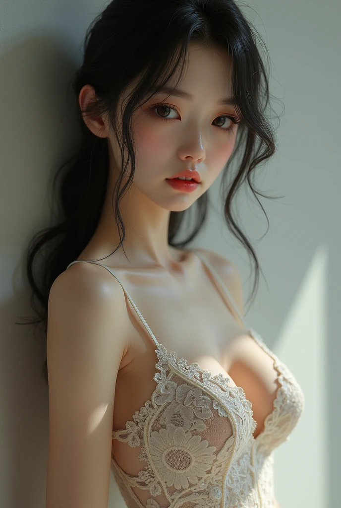 A captivating 35mm film photograph captures a Japanese woman with long, flowing hair, wearing a delicate lace tank top. Her expression is serene, and she appears to be in a dream-like state. The background is softly out of focus, creating a dreamy, ethereal atmosphere within a beautifully decorated room, reminiscent of the divine femininity often seen in goddess imagery. The overall effect is enchanting and evocative, inviting the viewer to step into this dreamy world.
