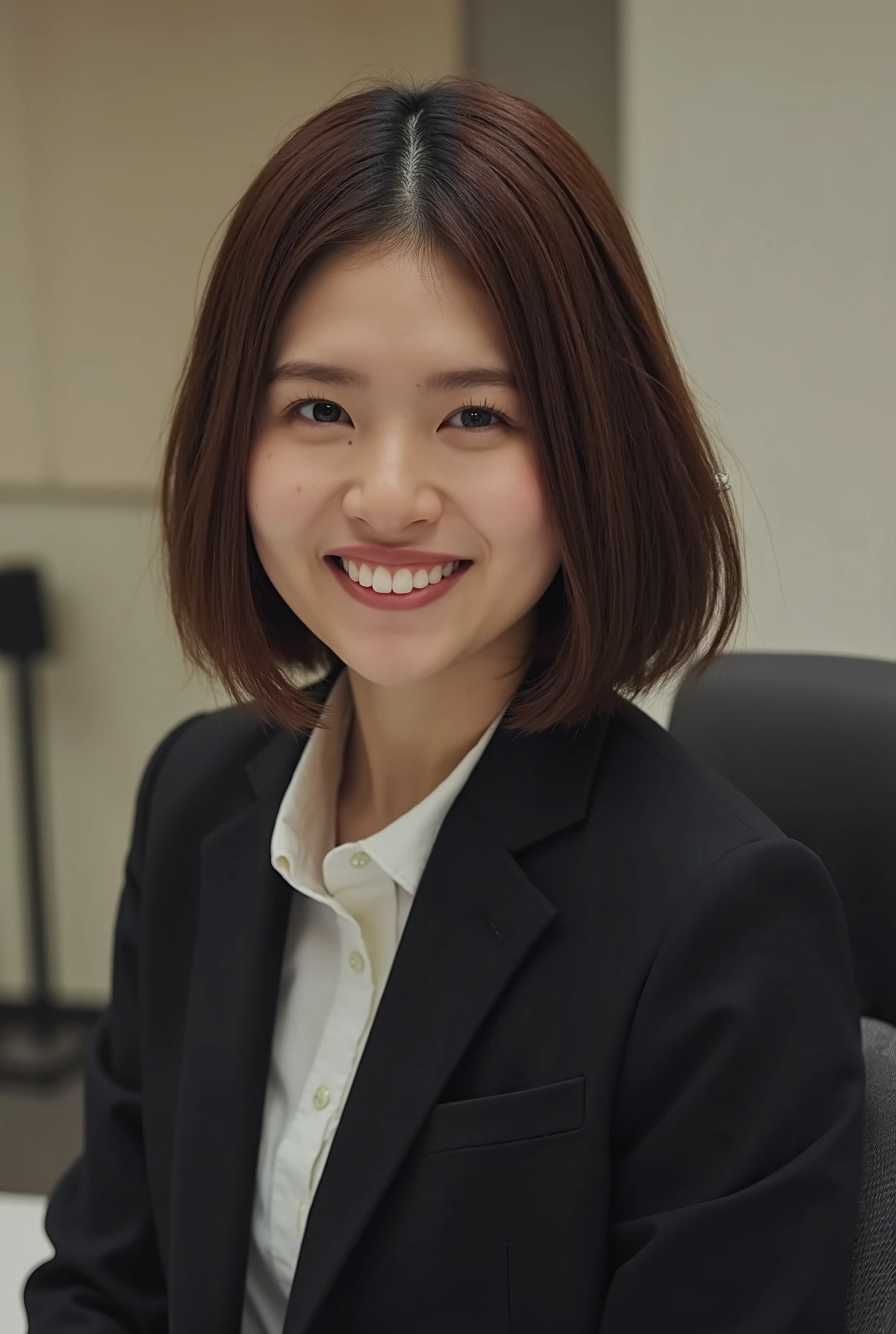 Neat Young Woman、and look at the camera、smile showing teeth、office lady suit、jacket、shirt、髪型ショートカット、 、dark eyeshadow、upper body、Background is in a room、