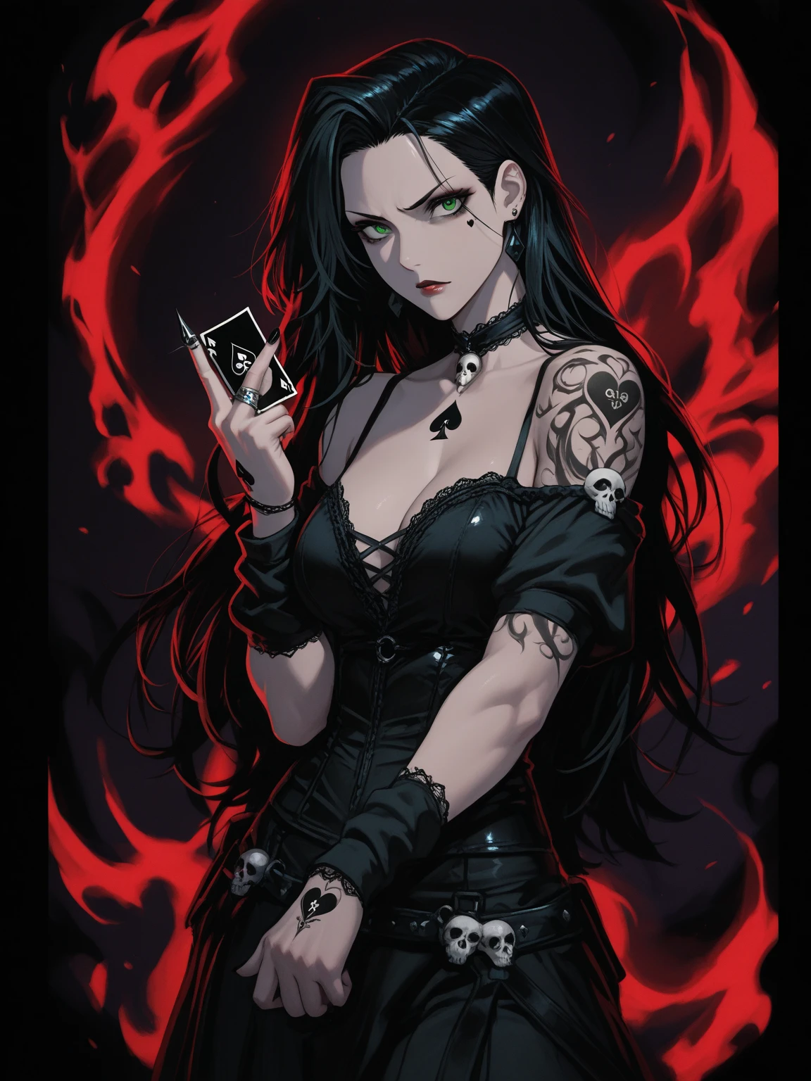 Queen of spades pattern design,poker,Draw an image of an aristocratic woman, Alabaster skin and brown eyes that exude a brutal aura., She wears a sinister tiara studded with dark jewels.,(D cup breasts),Wearing a sexy dress, She holds a scepter decorated with evil symbols, Aura of Malicious Royalty
