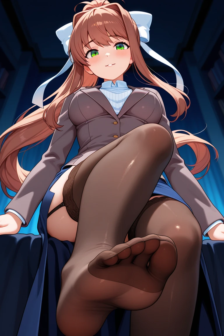masterpiece, best quality, high quality, beautiful anime character, solo, anime girl with brown hair, soft hair, long hair, blue eyes, cat ears, big breasts, mature female, tall female, big girl, thick, (calming face, light smile, loving eyes), indoors, (white shirts, white panties, dark blue pleated skirt), cat tail, from below view, school girl, white socks, sitting, panties peeking, crotch highlighting,