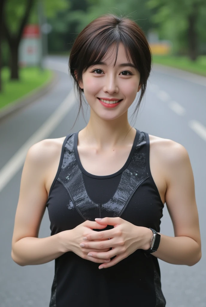 morning,Full body yoga pants,Can show chest and figure,Light brown fringed short hair,Light brown eyes,cherubic,(Fidelity),(Fineness:1.2),(tmasterpiece,:1.3),(Best picture quality:1.4), (超高分辨率:1.2),超高分辨率,二重まぶた,Slightly chubby face,8K分辨率,(lens flare glow:0.7),A smiling face,The background image is a crowded street,It is not easy for the platform to identify AI composite pictures,