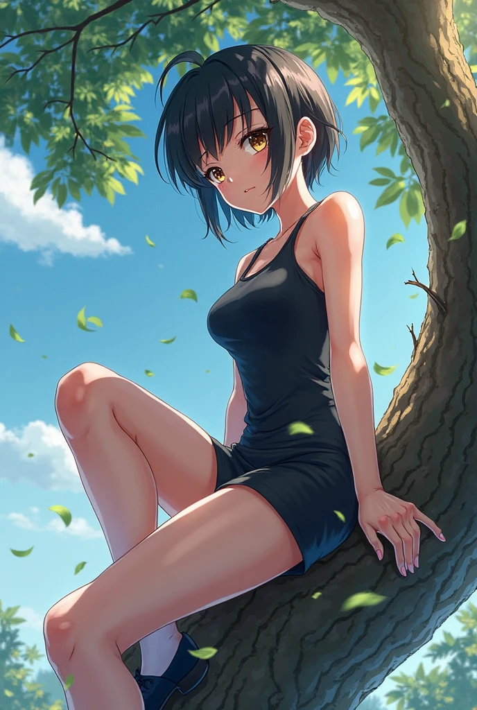 (work of art, ultra detali,high resolution,8K), 1 girl ,standing alone,hinterland,Look to viewer, TochaTortura, trunk,sheen,brunette skin,sitting on a chair,legs crossed,ssmile,black socks,blushed,lookin 

