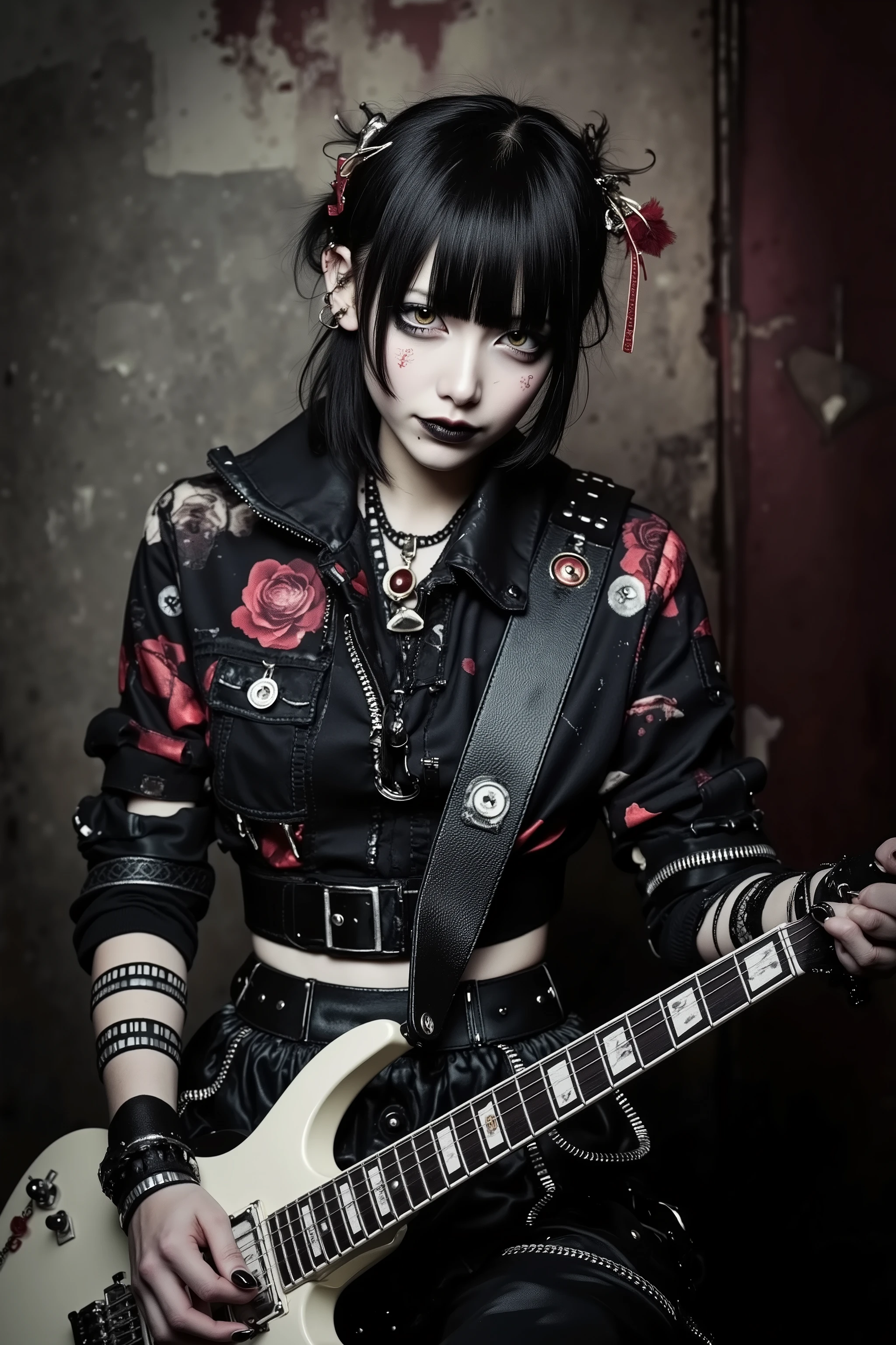 1 girl,beautiful face,play guitar,heavy  metal band,bandege clothes,in backstage,fashion portrait,artist photoshoot,cinematic,dramatic,