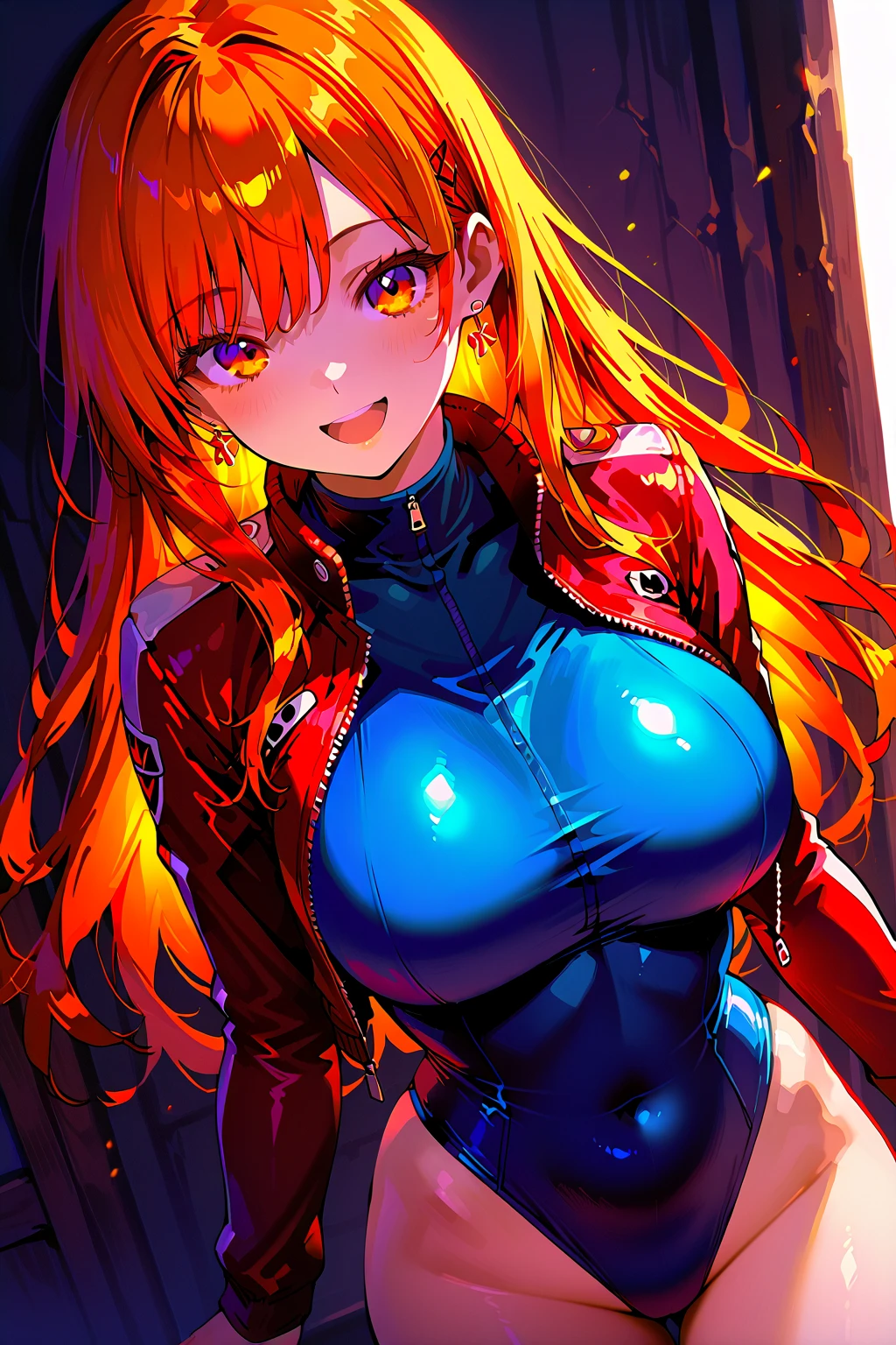Midnight、Beautiful woman with long red hair、超Big Breasts、Action Shots、Open chest、Big Breasts、Futuristic city with colorful neon lights