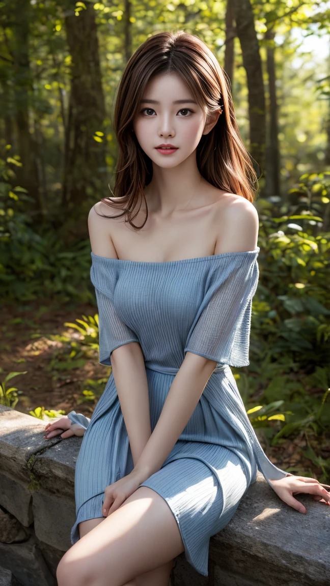 (((best quality))),(((ultra detailed))),(((masterpiece))),illustration,((1 beautiful girl,solo)),((slim,thin,flat chest)),(shoulder length straight bob hair:1.2),flowing hair,fair skin,(shiny skin:1.3),detailed eyes,laughing,(blue shirt dress:1.3),delicate necklace,grass,dewdropletts,trees,bird chirping,serenity,gratitude,awe,wonders of nature,peace,contentment,magnificent world,summer,(pitch-dark dawn:1.5),(night scene:1.3),((upper body,from front)),after rain,(wet:1.3),standing,on the path,At the mountaintop,confident gaze,elegant posture,mysterious atmosphere,solemn mood,dawn approaching,detailed decorations,(sunrise:1.3),(cloudy sky:1.2),rainbow,(Rural Landscape:1.2),horizon,