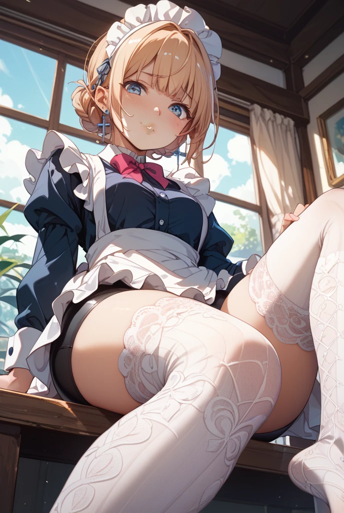 (A masterpiece of image quality in 8K),(Beautiful Allafed Woman),(((emphasizing breasts:1.3))),(Dynamic angles),(Dynamic and sexy bending pose:1.3),(sit a chair:1.3),(Short hair in shiny silver and orange inner colors,large full breasts,Disturbance of clothing due to movement,breast slip,(Ponytail twisted buns adorned with elaborate braids and beads,Braided Setup Fishbone Hair,),(see-through bangs),Huge breasts、(((A white lace apron that shows your bare skin from under your big breasts.......)))、Blush with embarrassment、Enraptured eyes、A smile that beguiles the viewer、(Look back:1.7)、Look into the photographer,skin glistening with sweat,gazing at viewer,,(Professional Lighting),(8K,masutepiece,top-quality,Ultra-high resolution output image,),(Ultra HD with complex detail image modes),depth of fields,Beautiful hands,Beautiful fingers,Detailed finger features,(Detailed hair features:1.7),detailed facial features,detailed clothes features,